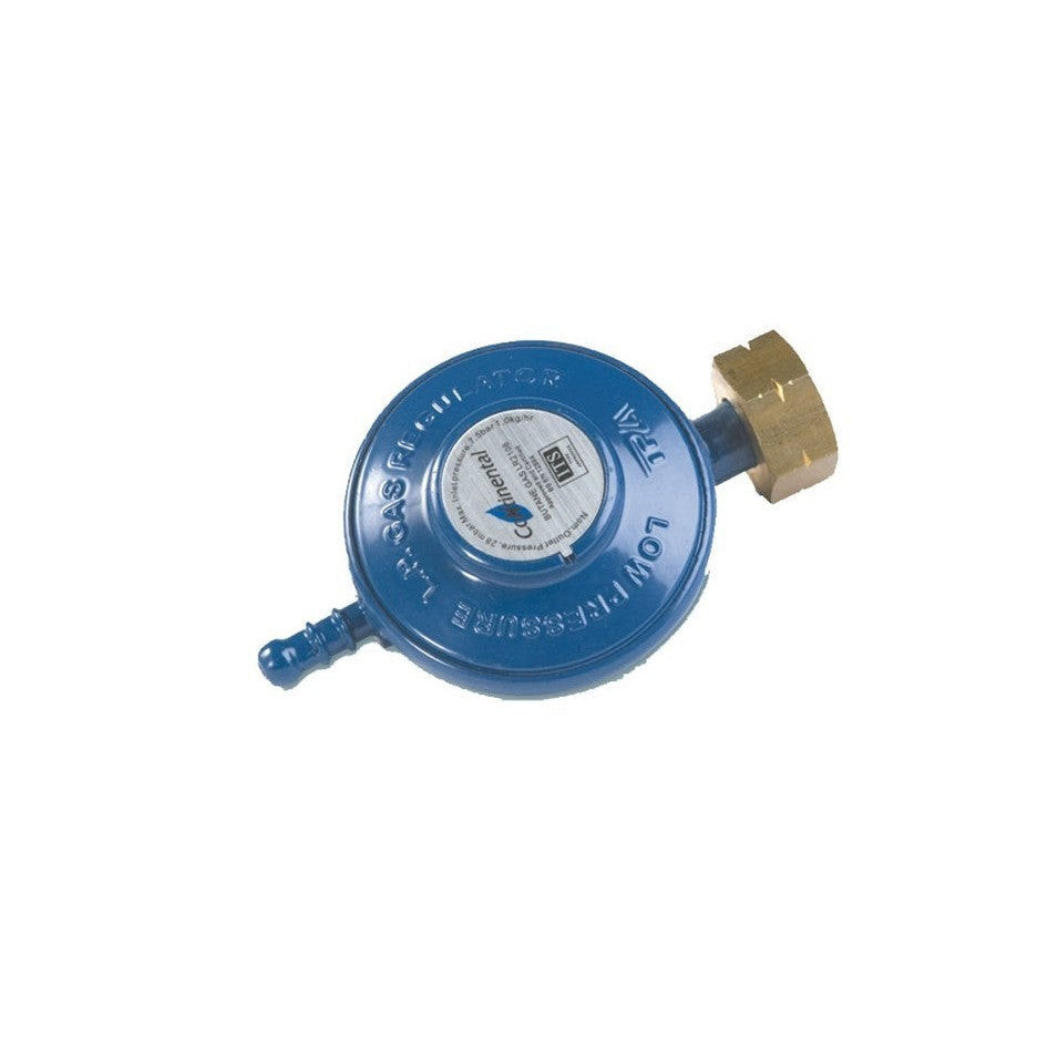 A blue butane regulator with a dial and brass fittings.