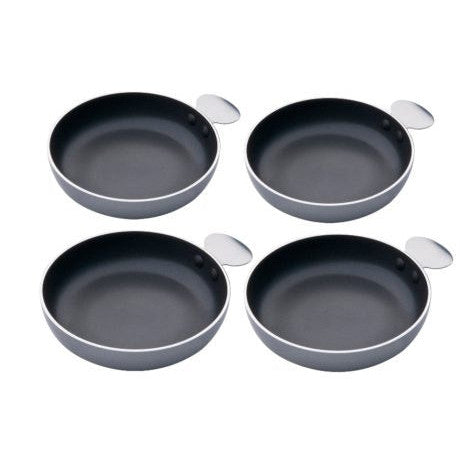 A set of four gray non-stick coated aluminium egg pans.
