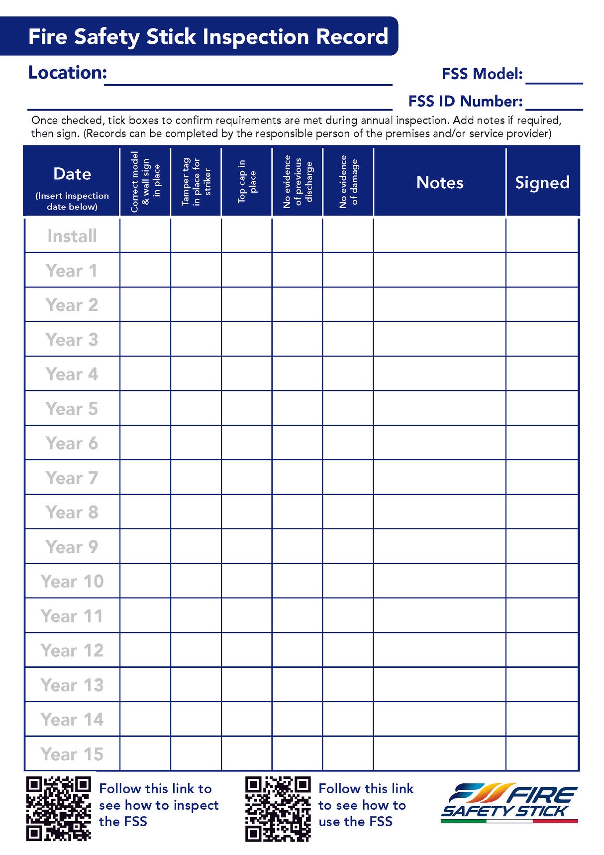 fire safety stick inspection record log book