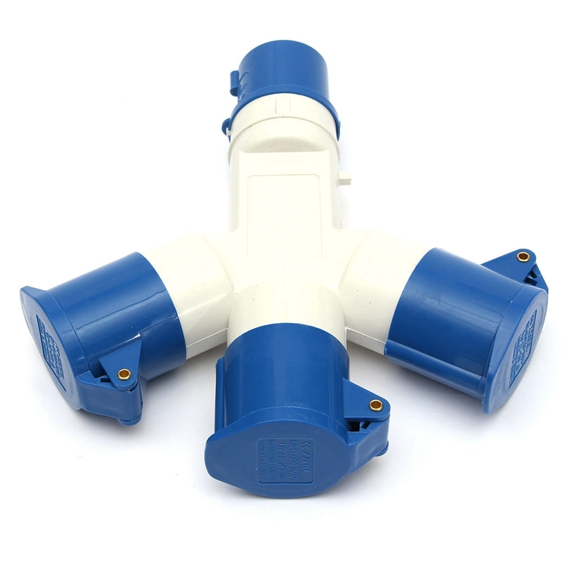 16A caravan 3-Way Adaptor has a central connector and two side connectors.