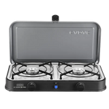 Portable gas stove with two burners and a black lid on a white background