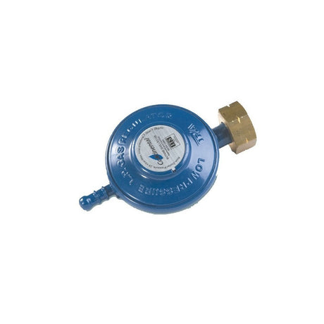 A blue butane regulator with a dial and brass fittings.

