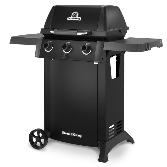 Black barbecue grill with 'Broil King' branding on a white background