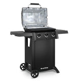 Black portable grill with an open lid on a white background