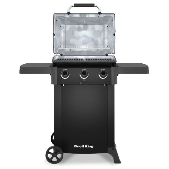 Black barbecue grill with an open lid on a white background