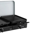 Cadac 2 Cook 3 Ribbed Plate is black and made of cast aluminum with a green grill ceramic non-stick coating.