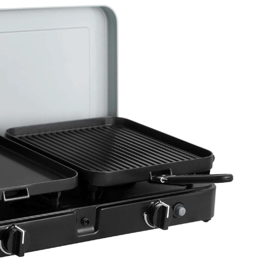 Cadac 2 Cook 3 Ribbed Plate is black and made of cast aluminum with a green grill ceramic non-stick coating.