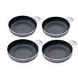 A set of four gray non-stick coated aluminium egg pans.