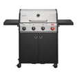 Black and silver grill with control knobs on a white background