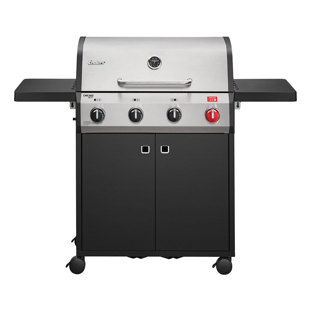 Black and silver grill with control knobs on a white background