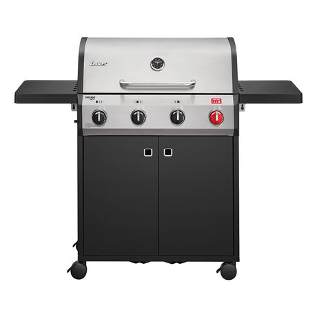 Black and silver grill with control knobs on a white background