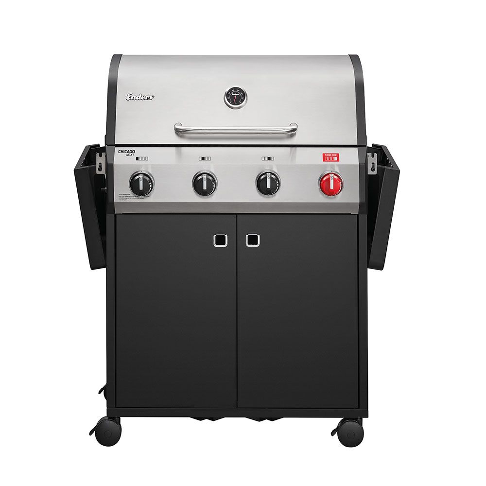 Black and silver grill with control knobs on a white background