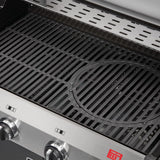Stainless steel grill with brand logo on a blurred background