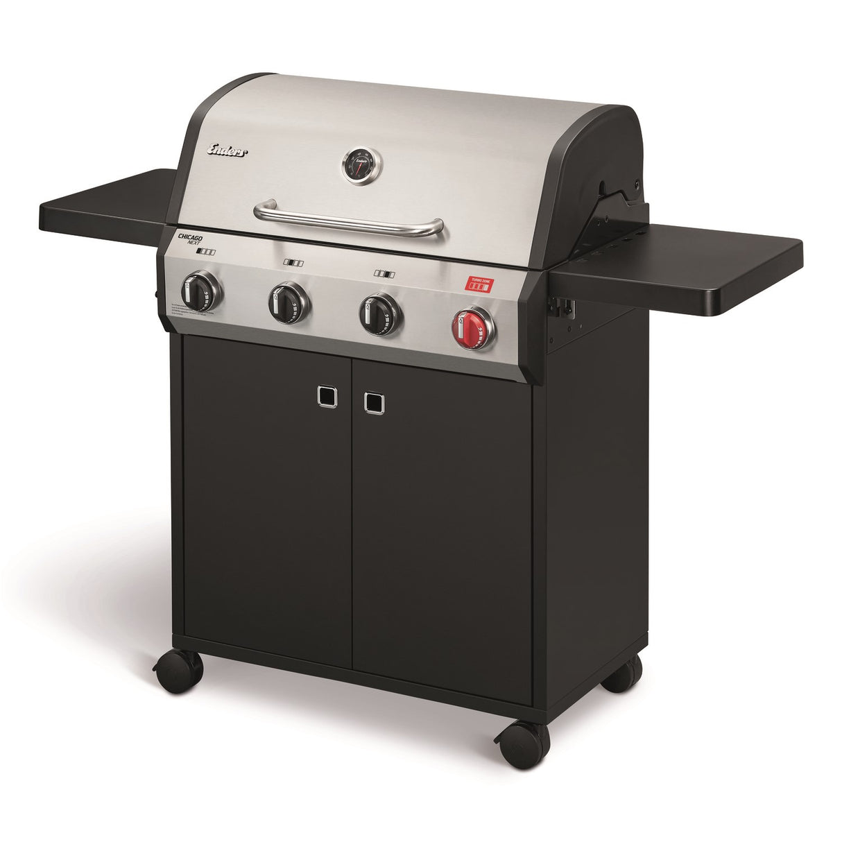Black and silver grill with two side shelves on a white background