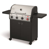 Black and silver grill with two side shelves on a white background