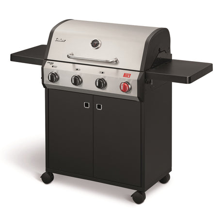 Black and silver grill with two side shelves on a white background