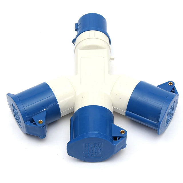 16A caravan 3-Way Adaptor has a central connector and two side connectors.